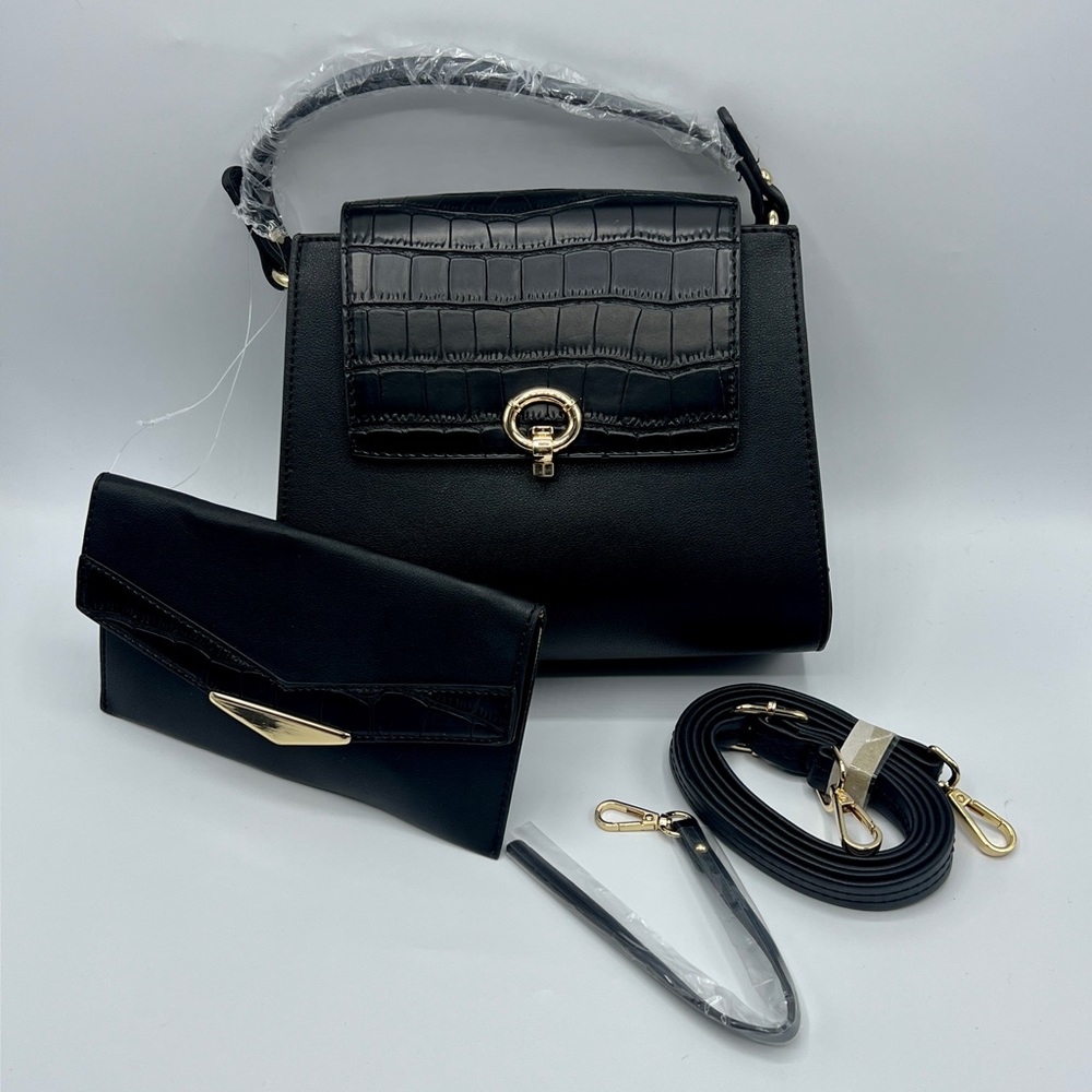 NEW Women’s Black Faux Crocodile & Leather Handbag w/ Shoulder Strap & Wristlet
